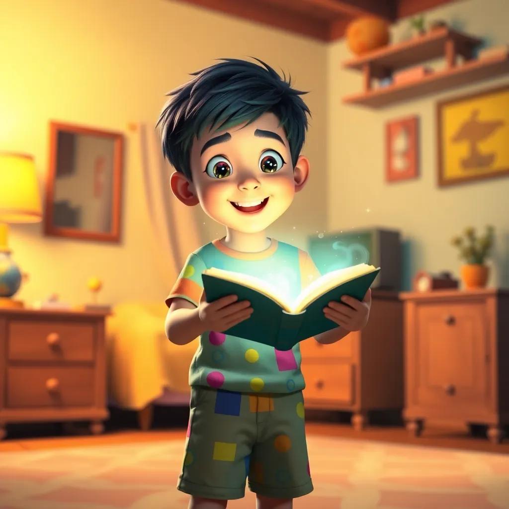 A young boy, Fahd, with short black hair, wearing a colorful t-shirt and shorts, excitedly holding a glowing magical book in his room, bright and cheerful environment, digital art, imaginative, warm colors, playful mood, high quality