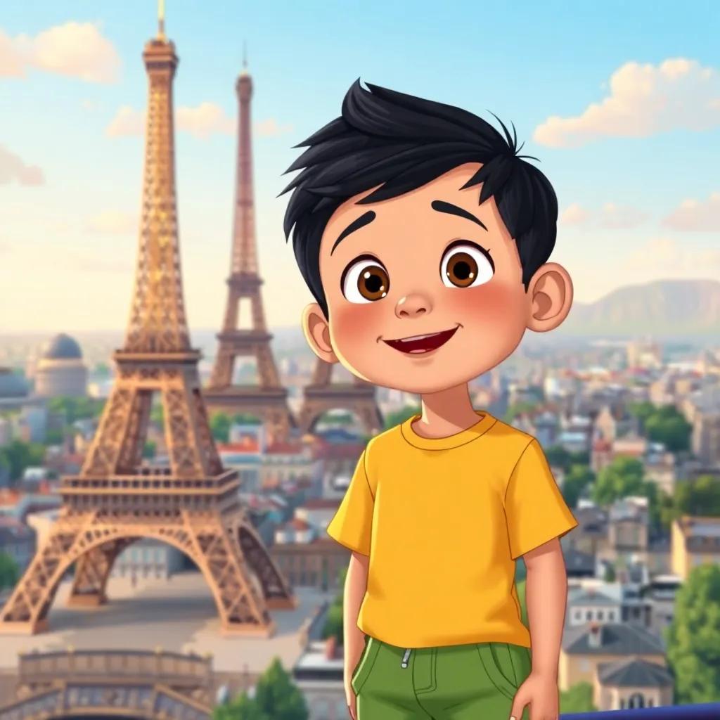 Fahd, a young boy with short black hair, wearing a bright t-shirt and shorts, standing beneath the Eiffel Tower in Paris, awed expression, beautiful cityscape in the background, detailed illustration, lively atmosphere, child-friendly