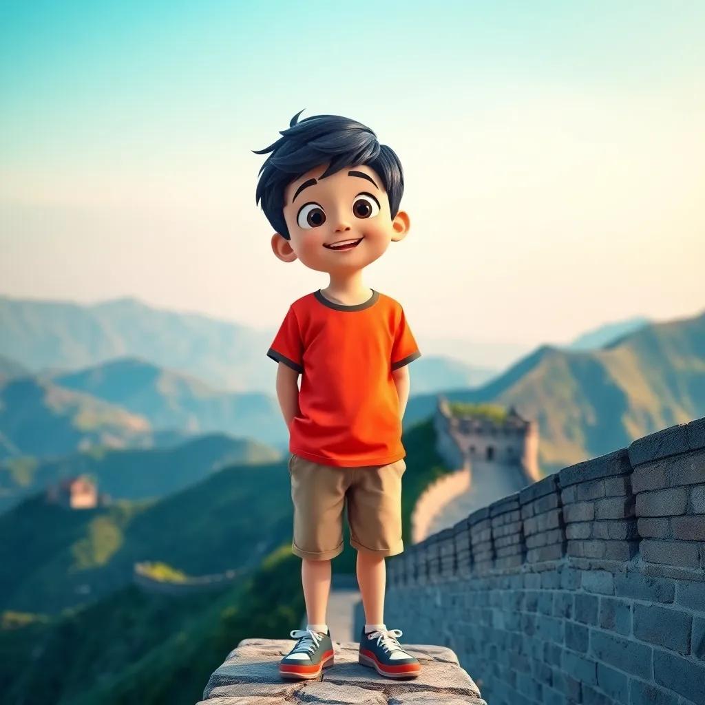 Fahd, a young boy with short black hair, wearing a bright t-shirt and shorts, standing on the Great Wall of China with a breathtaking view of mountains, amazed expression, clear sky, vibrant colors, adventurous theme, high quality