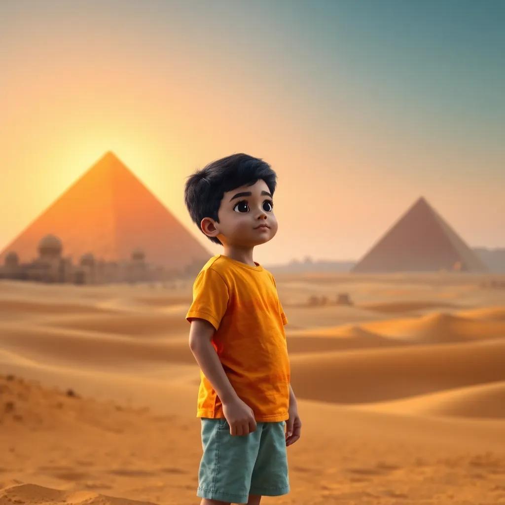 Fahd, a young boy with short black hair, wearing a bright t-shirt and shorts, observing the Great Pyramids of Giza, curious and excited, desert landscape with sand dunes, warm light, stunning details, magical atmosphere, high quality