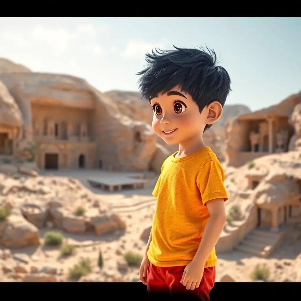 Fahd, a young boy with short black hair, wearing a bright t-shirt and shorts, admiring ancient carved houses in AlUla, Saudi Arabia, feeling proud and amazed, rocky landscape, sunny day, bright colors, charming atmosphere, high quality