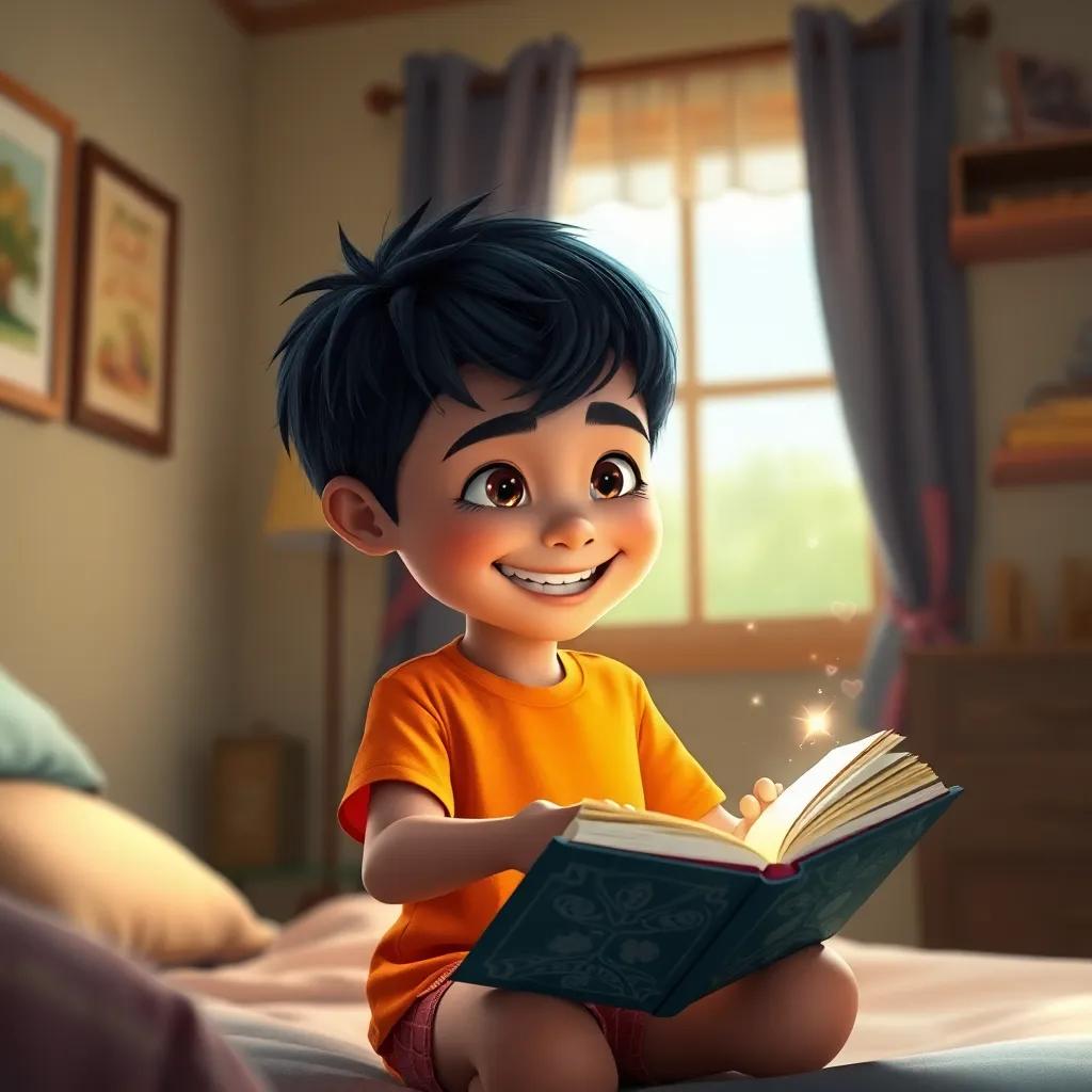 Fahd, a young boy with short black hair, wearing a bright t-shirt and shorts, closing his magical book in his room, smiling widely, cozy environment, soft lighting, warm colors, heartwarming scene, high quality