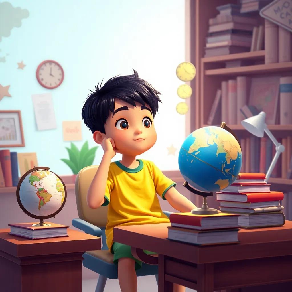 Fahd, a young boy with short black hair, wearing a bright t-shirt and shorts, daydreaming at his desk with a globe and travel books around, imaginative thinking, creative environment, bright colors, inspiring theme, high quality