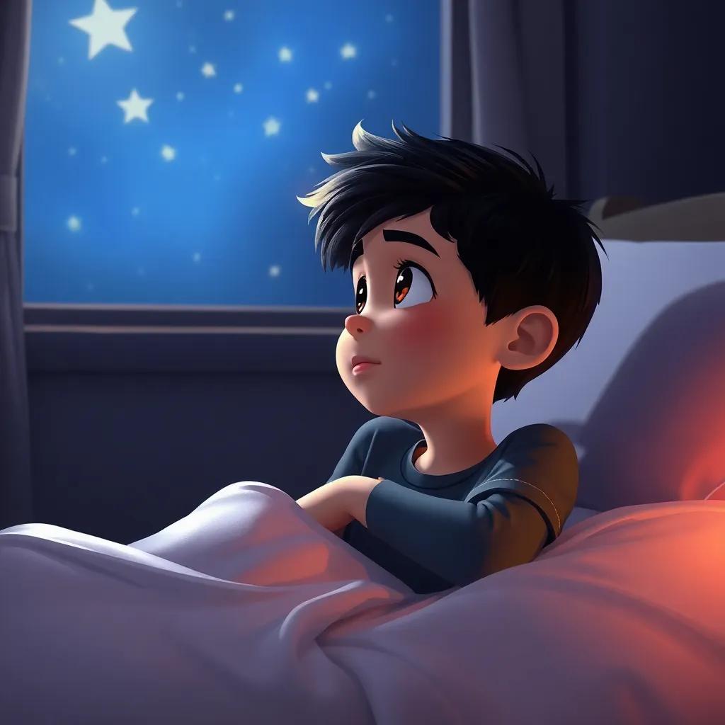 Fahd, a young boy with short black hair, lying on his bed looking at the stars through the window, thoughtful expression, dark bedroom, soft light from stars, warm colors, whimsical mood, high quality