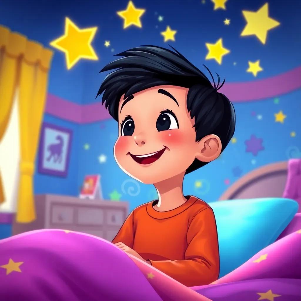 Fahd, a young boy with short black hair, happily dreaming of his next adventures in his colorful bedroom, glowing stars above, cheerful atmosphere, child-friendly, vibrant colors, imaginative theme, high quality