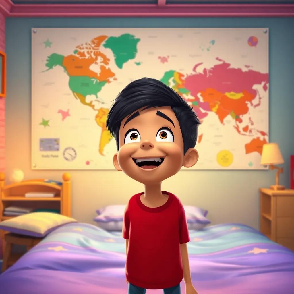 Fahd, a young boy with short black hair, happily looking at a map of the world on the wall of his bedroom, excited and inspired, bright and vibrant colors, playful setting, high quality