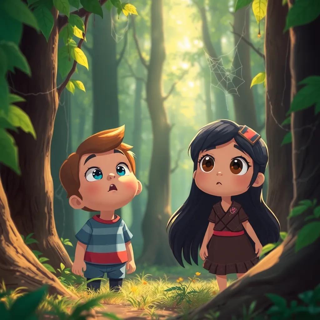 In a deep forest, a small boy named Ali with brown hair and blue eyes, and a girl named Zina with black hair and brown eyes, hear strange sounds. They look surprised, trees surrounding them, spider webs hanging down, dappled light filtering through the leaves, digital art, colorful, playful atmosphere, high quality