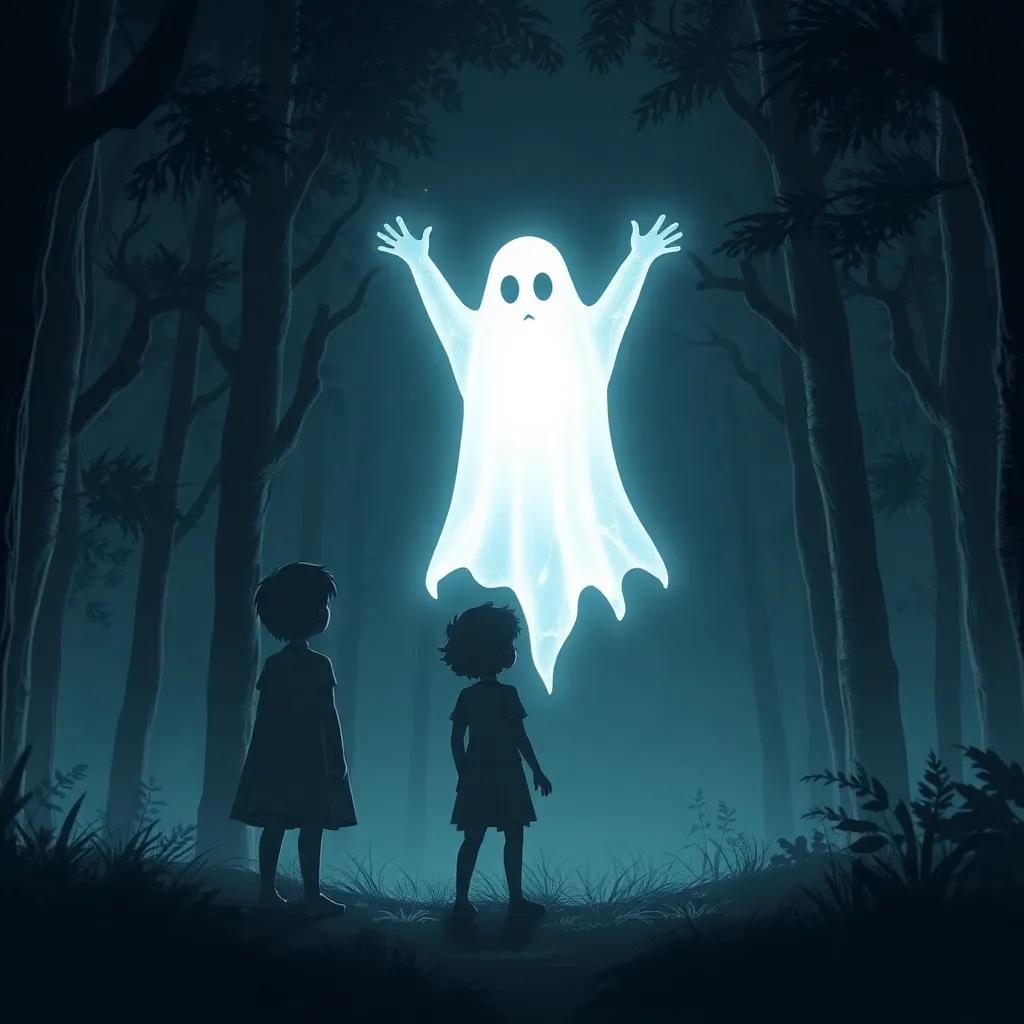 A ghostly figure floating in the forest, with a shimmering glow. Ali standing tall, looking brave, while Zina looks curious yet scared. Dark trees create an eerie backdrop, twilight setting, captivating, magical ambiance, children's story style, high quality
