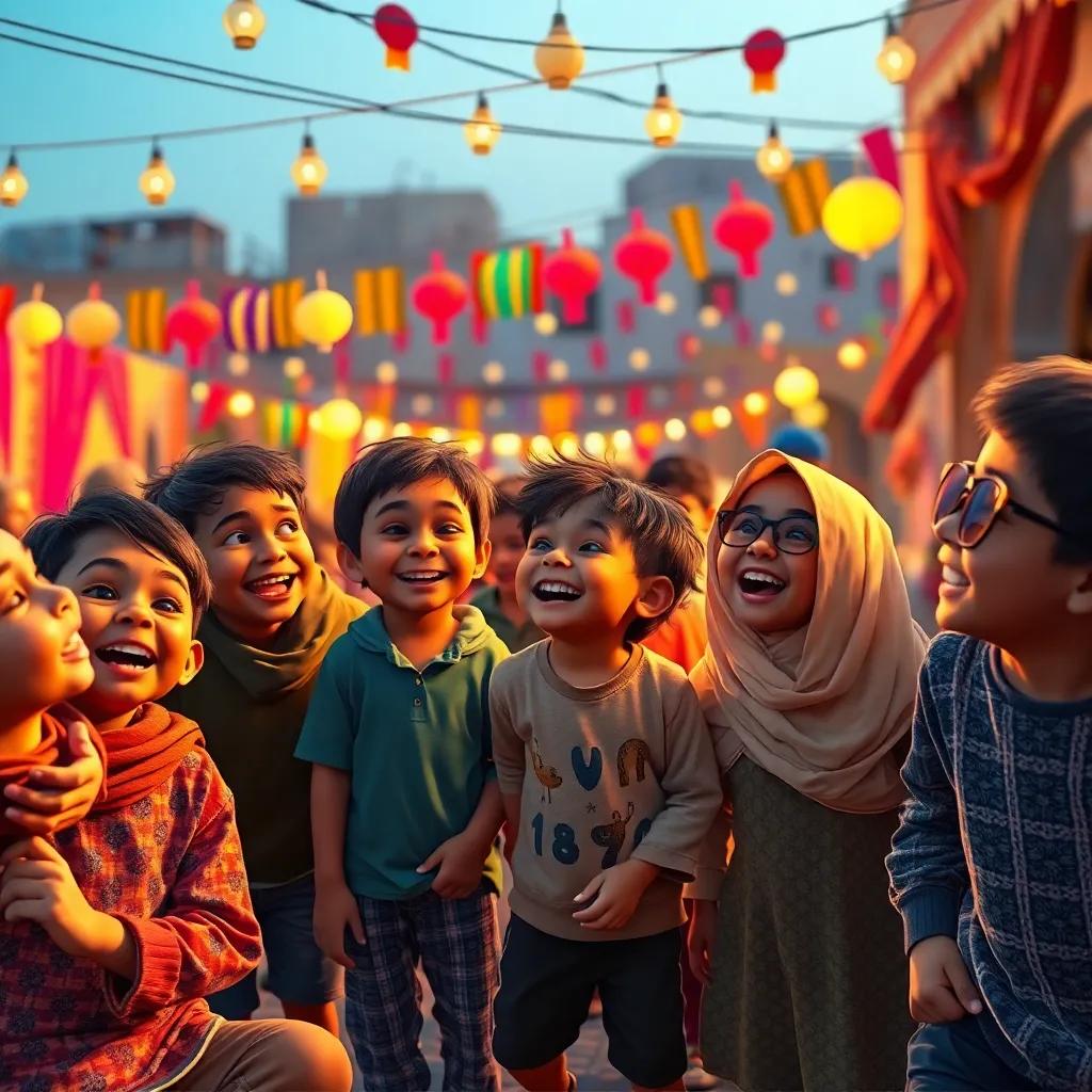 A lively scene of children in Gaza, laughing and gathering together before iftar, colorful decorations in the background, digital art, warm evening light, uplifting atmosphere, high quality