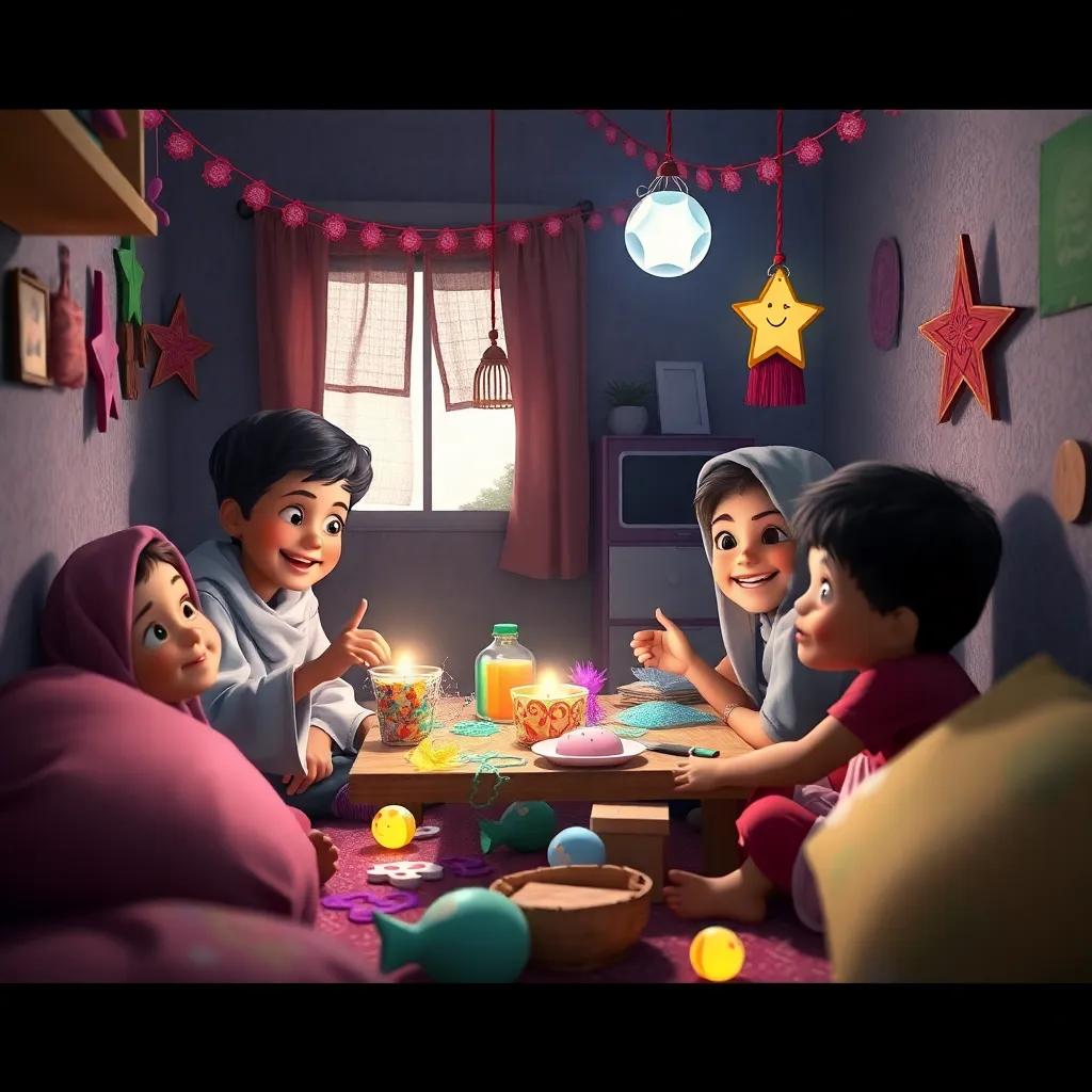 Children in Gaza preparing surprise decorations for Eid, joyful expressions, working together in a small home with vibrant crafts scattered around, soft light, cheerful mood, high quality
