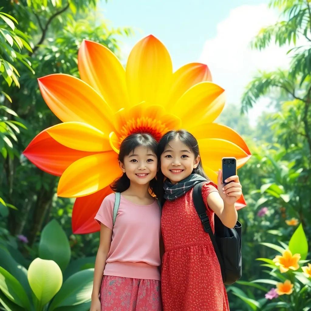 Two sisters, Rofan and Rital, standing in front of a giant rainbow-colored flower in a lush green forest, smiling happily while taking pictures, cheerful environment, nature, bright colors, joyful, bright lighting
