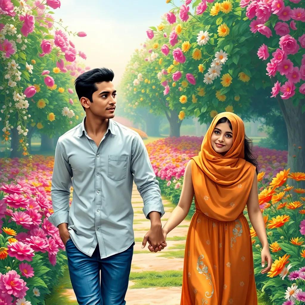 A handsome young Arab man, Farouk, with short black hair, wearing a casual shirt and jeans, walking hand in hand with a beautiful girl, Marwa, in a colorful flower garden, surrounded by blooming flowers, digital art, bright colors, cheerful atmosphere, high quality