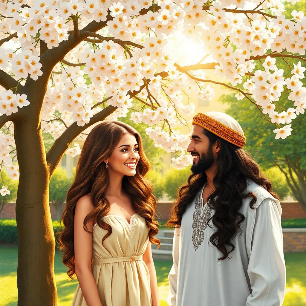 A beautiful Arab girl, Marwa, with long wavy hair, wearing a light summer dress, talking to Farouk under a blooming tree, both smiling under the warm sunlight, joyful scene, vibrant colors, cheerful, high quality