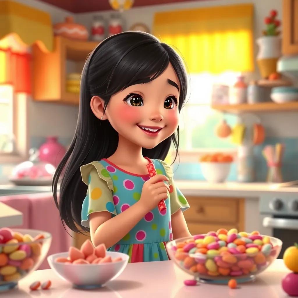 A young girl, ريم, with long, dark hair, wearing a colorful dress, happily eating candy in a bright kitchen filled with sweets, warm light, vibrant colors, cheerful atmosphere, high quality