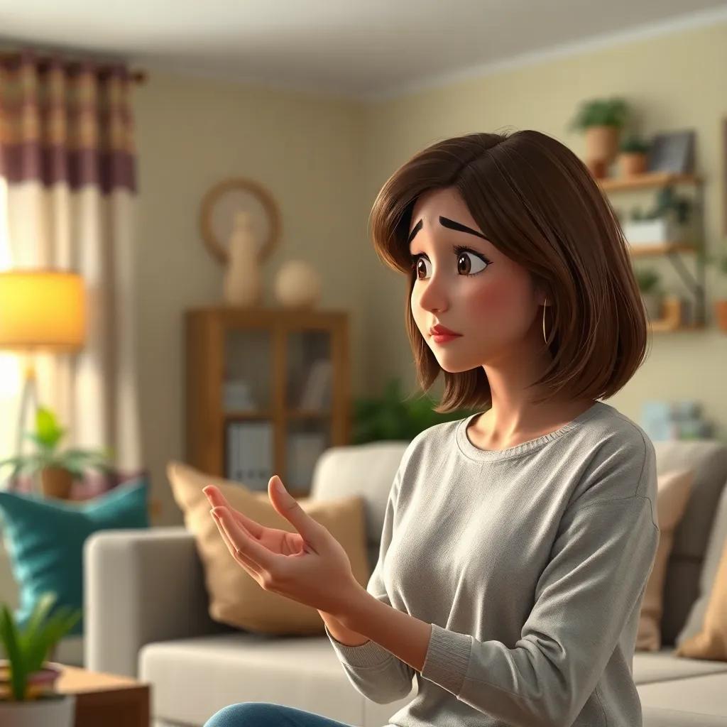 A concerned mother, with medium brown hair, wearing a comfortable shirt, talking to ريم with a worried expression in a cozy living room, soft light, nurturing ambiance, child-friendly, high quality