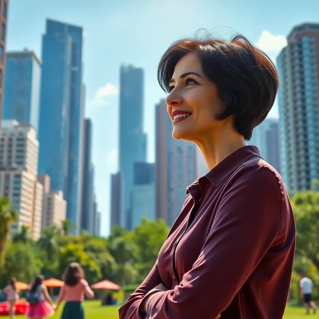 A busy city with tall buildings, a woman named Reem with short, dark hair wearing a professional blouse, watching her daughter Yara playing in the park under a sunny sky, vibrant colors, cheerful atmosphere, digital art, high quality