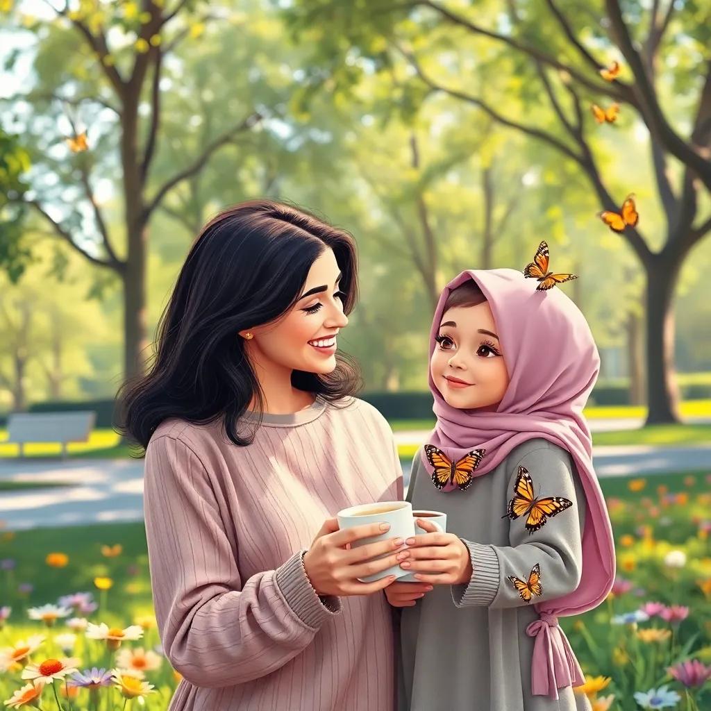 Reem smiling with hope, holding a cup of coffee, talking to her daughter Yara who is playing with butterflies in a bright park, soft colors, inviting light, illustration, joyful perspective, heartwarming