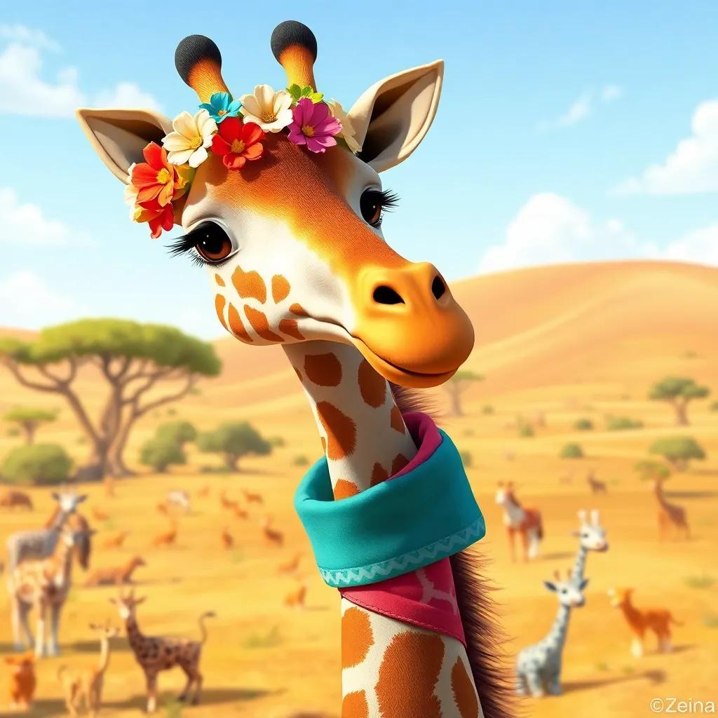 A beautiful giraffe named Zeina with a long neck, wearing a colorful scarf and flower crowns, standing in a sunny savannah with playful animals, cheerful, vibrant art, uplifting atmosphere, high quality