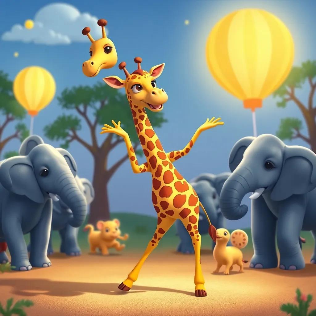 Zeina the giraffe practicing dance moves with her friends, including elephants and other animals, in a playful and lively setting, detailed illustration, whimsical, fun