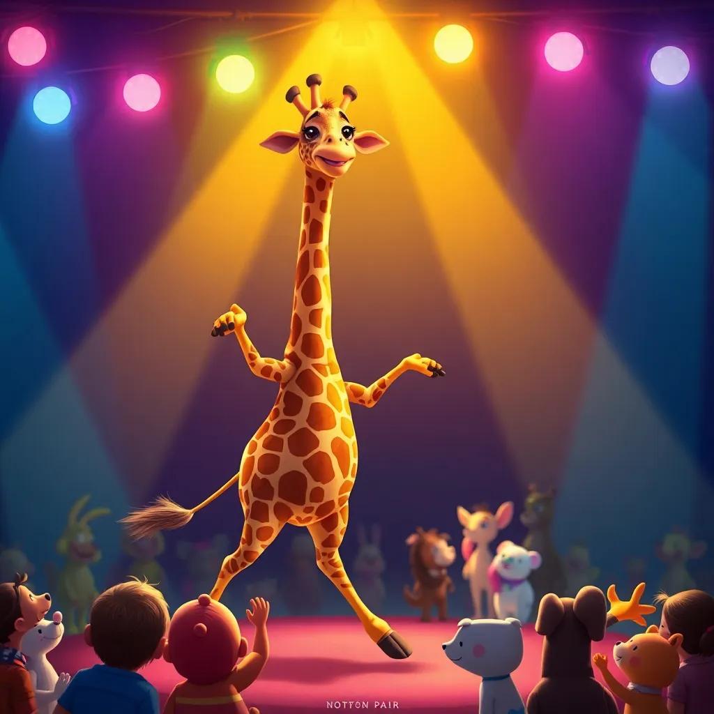 Zeina the giraffe dancing happily on stage, under colorful lights, with an audience of animals cheering, heartwarming scene, digital painting, vibrant and joyful