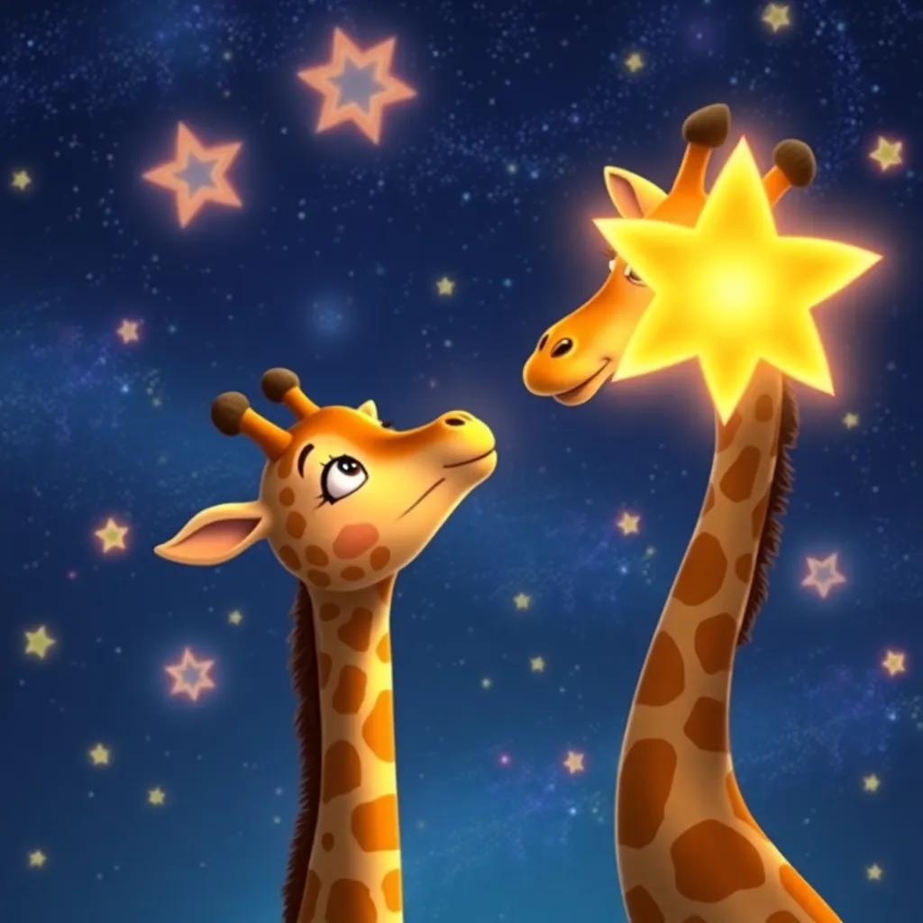 The moment Zeina the giraffe realizes her beauty in her uniqueness, surrounded by a starry night and glowing stars, symbolic and magical atmosphere, beautiful art style, enchanting