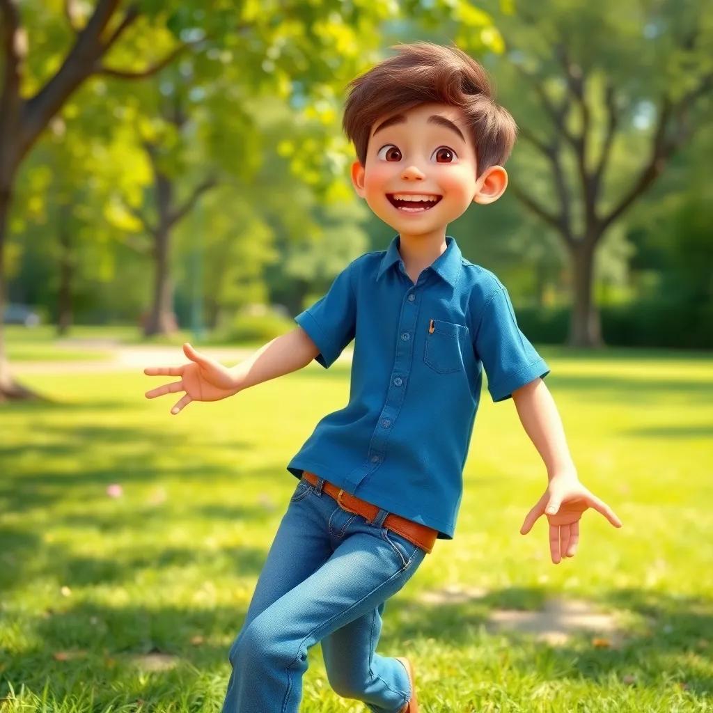 A brave boy, Zakaria, with short brown hair wearing a blue shirt and jeans, playing in a sunny park, smiling widely, vibrant greenery, cheerful atmosphere, digital art, joyful scene, high quality
