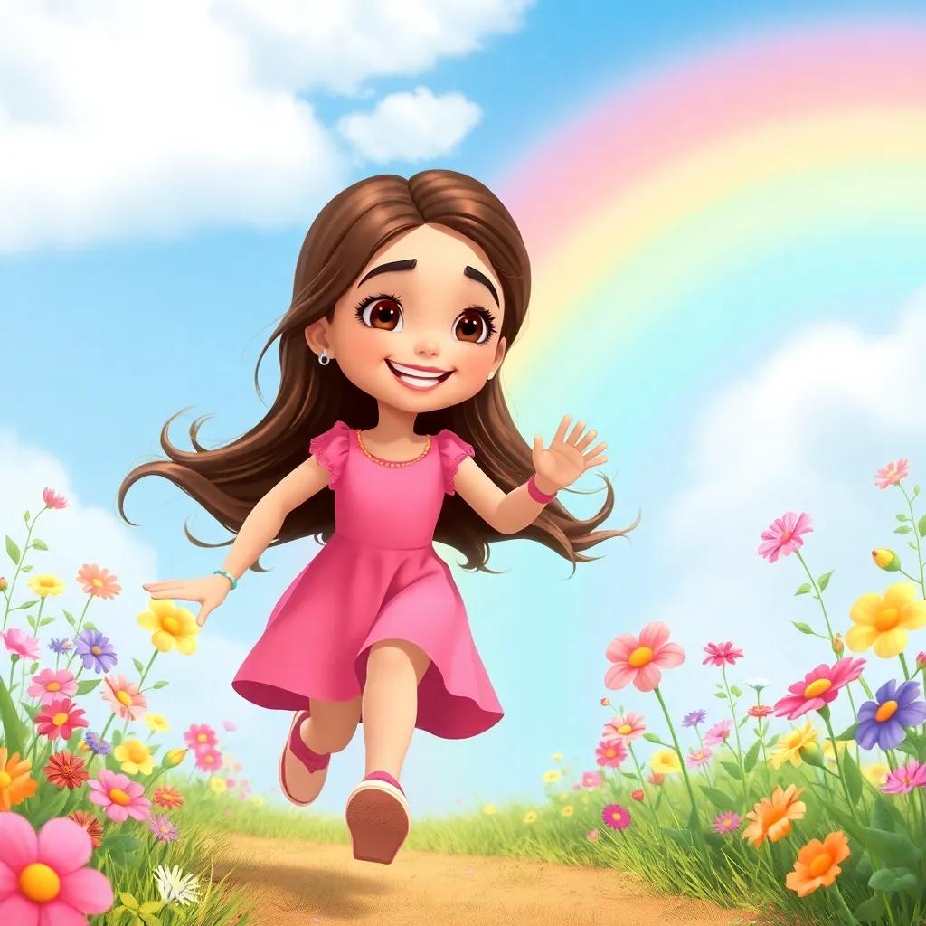 A beautiful girl, Ikram, with long brown hair wearing a pink dress, running towards Zakaria with a smile, surrounded by colorful flowers and a rainbow in a bright blue sky, cheerful, playful mood, digital illustration, enchanting scene, high quality
