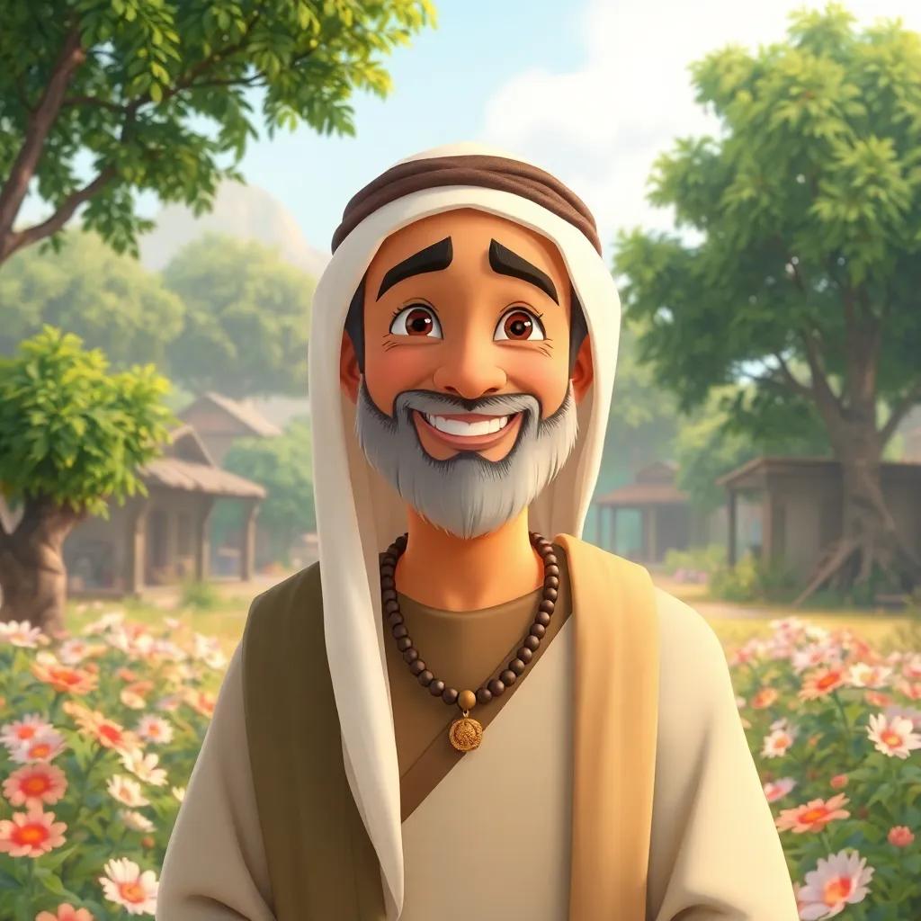 A kind prophet named Zakariya with a warm smile, wearing traditional Middle Eastern clothing, in a serene village surrounded by trees and flowers, digital art, soft colors, peaceful atmosphere, high quality