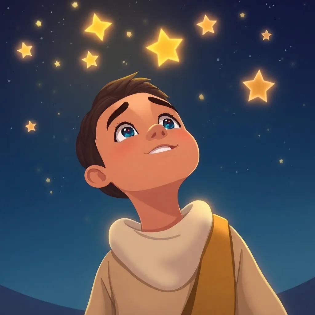 Prophet Zakariya looking up at the twinkling stars at night, his face filled with hope, in a calm setting with a light breeze, illustration, cozy, warm light, child-friendly