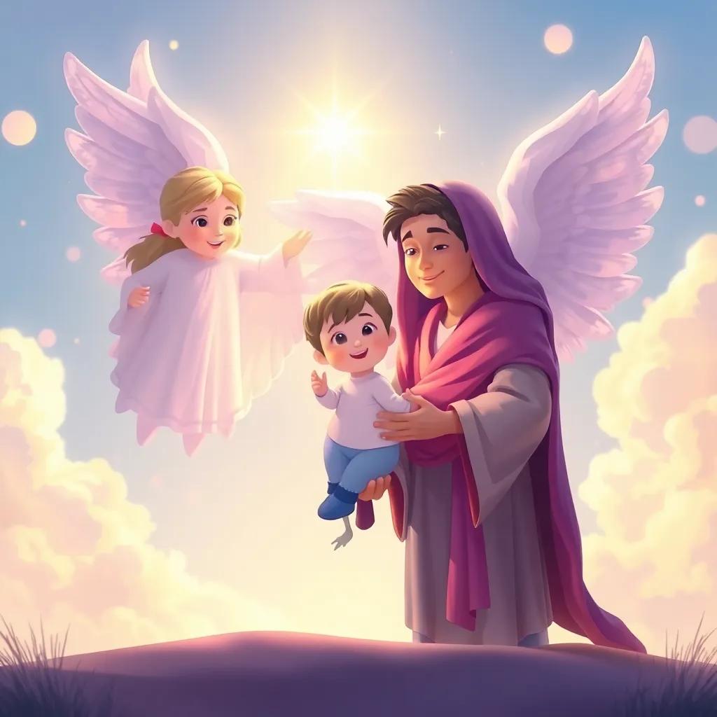 Angelic beings appearing beside Zakariya, providing him with the good news of a child, surrounded by glowing light, peaceful background, bright and cheerful, vibrant colors
