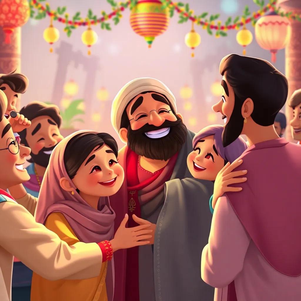 A joyful scene of Prophet Zakariya sharing his happiness with family and friends, everyone smiling and embracing, joyful festive atmosphere, colorful decorations