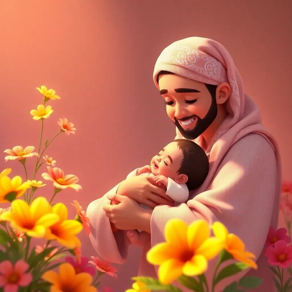 A beautiful moment of the birth of Yahya, Zakariya holding him lovingly, surrounded by flowers and warm colors, heartwarming, uplifting, perfection in detail