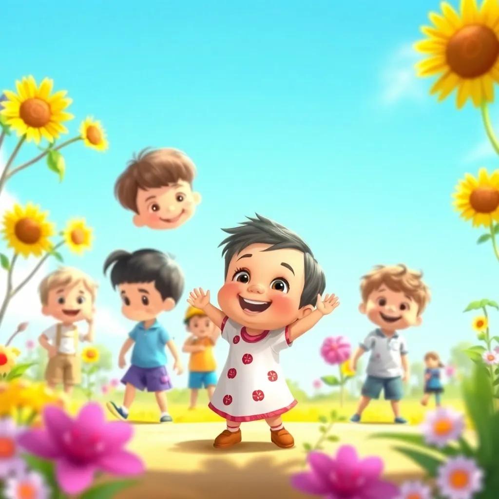 Little Yahya growing up happily, playing with other children in a sunny garden, the sky is blue and bright, cheerful and playful, child-friendly