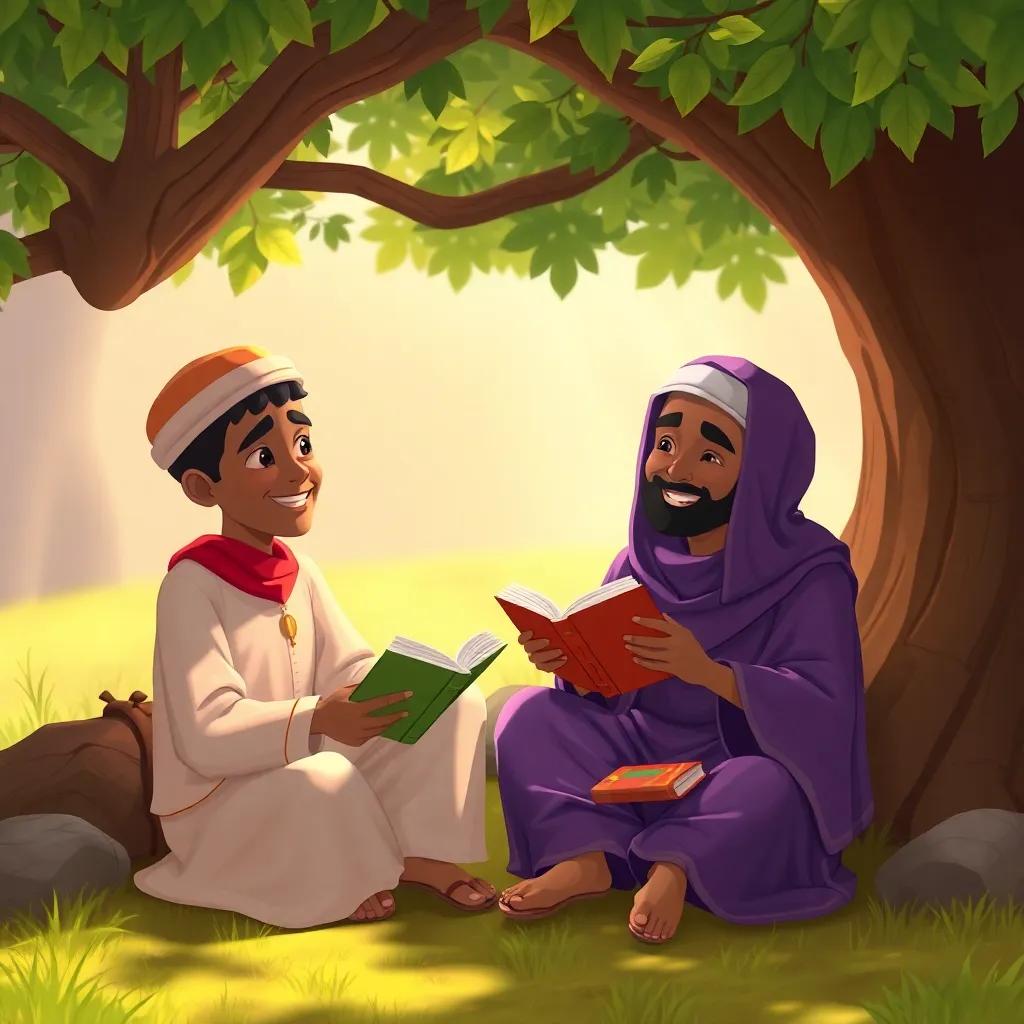 Zakariya teaching Yahya about kindness, sitting under a tree with books and stories, sharing laughs and wisdom, cozy and inviting
