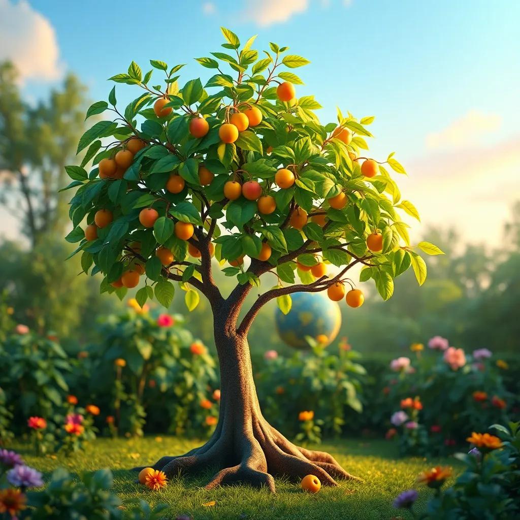 A beautiful growing tree symbolizing faith and hope, with small fruits that represent blessings, in a lush garden, colorful and vibrant