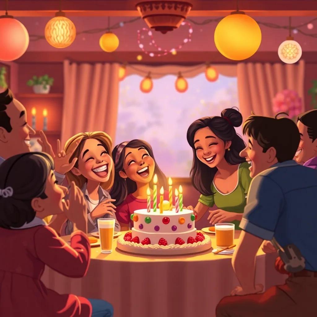 A joyful gathering of family and friends celebrating Yahya's milestones, laughter and music in the air, festive atmosphere, happy and cheerful