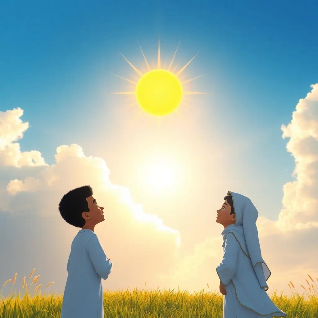 A shining sun symbolizing God's blessings above Zakariya and Yahya, illuminating their path with warmth and love, bright and uplifting, inspirational