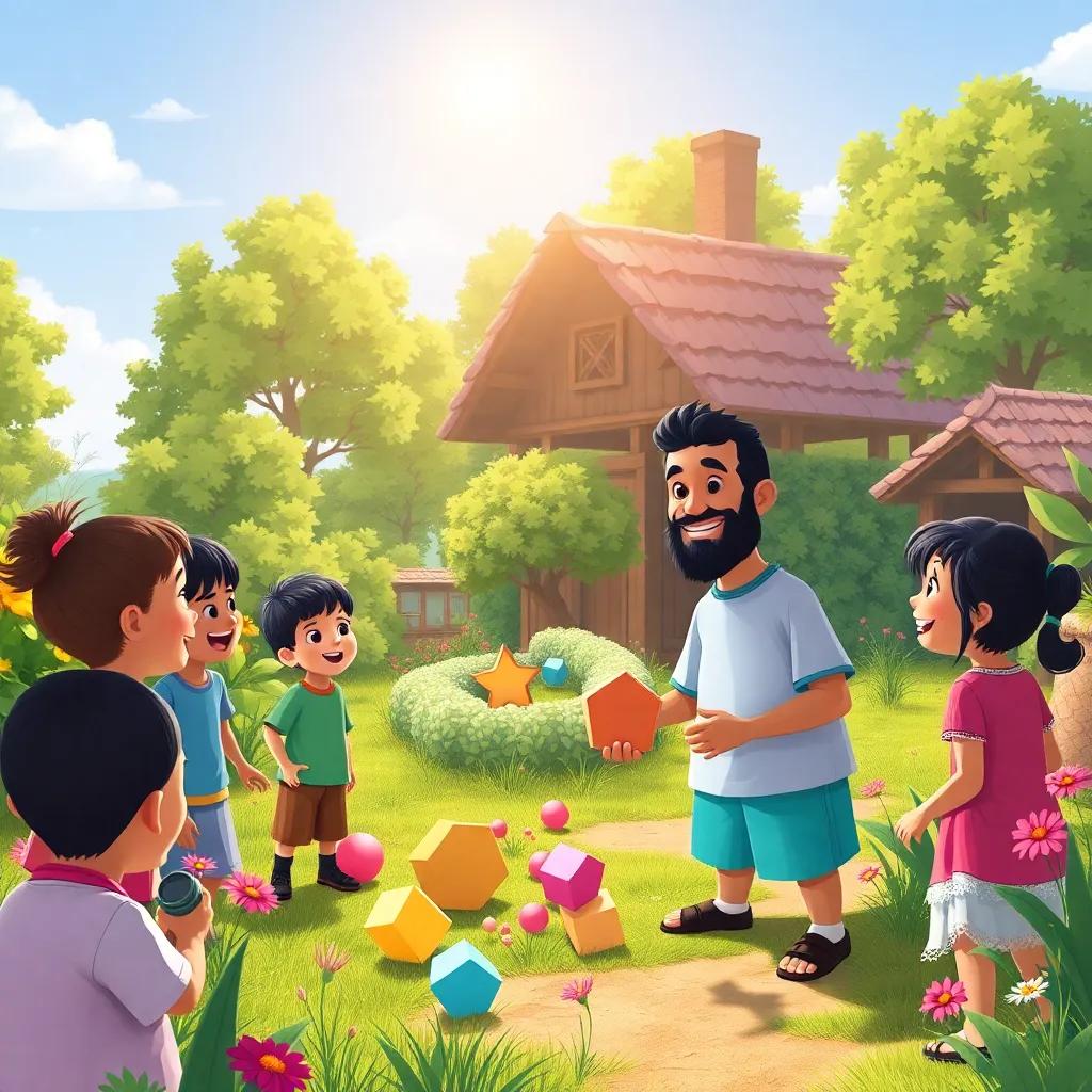 A group of children exploring a village garden with their teacher Hassan, finding shapes, the sun shining brightly, surrounded by green trees and flowers, illustration, joyful, engaging, high quality