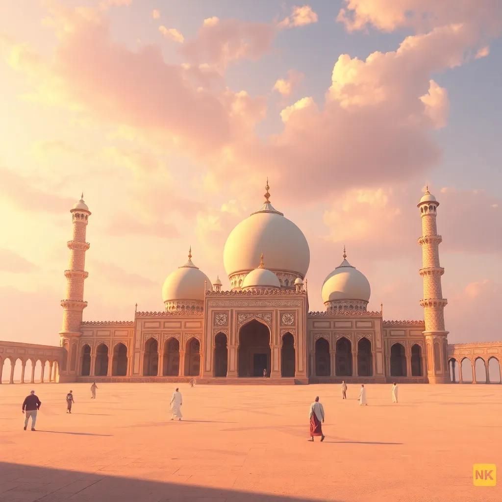 النبي محمد صلى الله عليه وسلم، رجل عربي، ذو لحية سوداء وشعر مظلم، يرتدي عباءة نجفية، مبتسمًا مع زيد بن حارثة، في ساحة المدينة حيث المآذن والأشجار، فن رقمي، ملون، الأجواء مفعمة بالحب والدعوة.