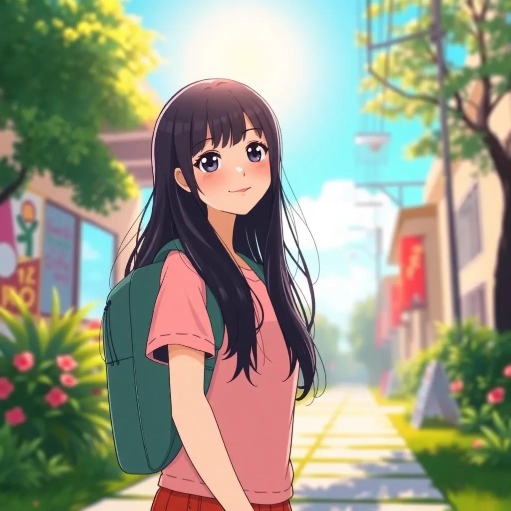 A beautiful girl, Sara, with long black hair and bright eyes, happily walking to school wearing a backpack, sun shining, cheerful environment, vibrant colors, high quality