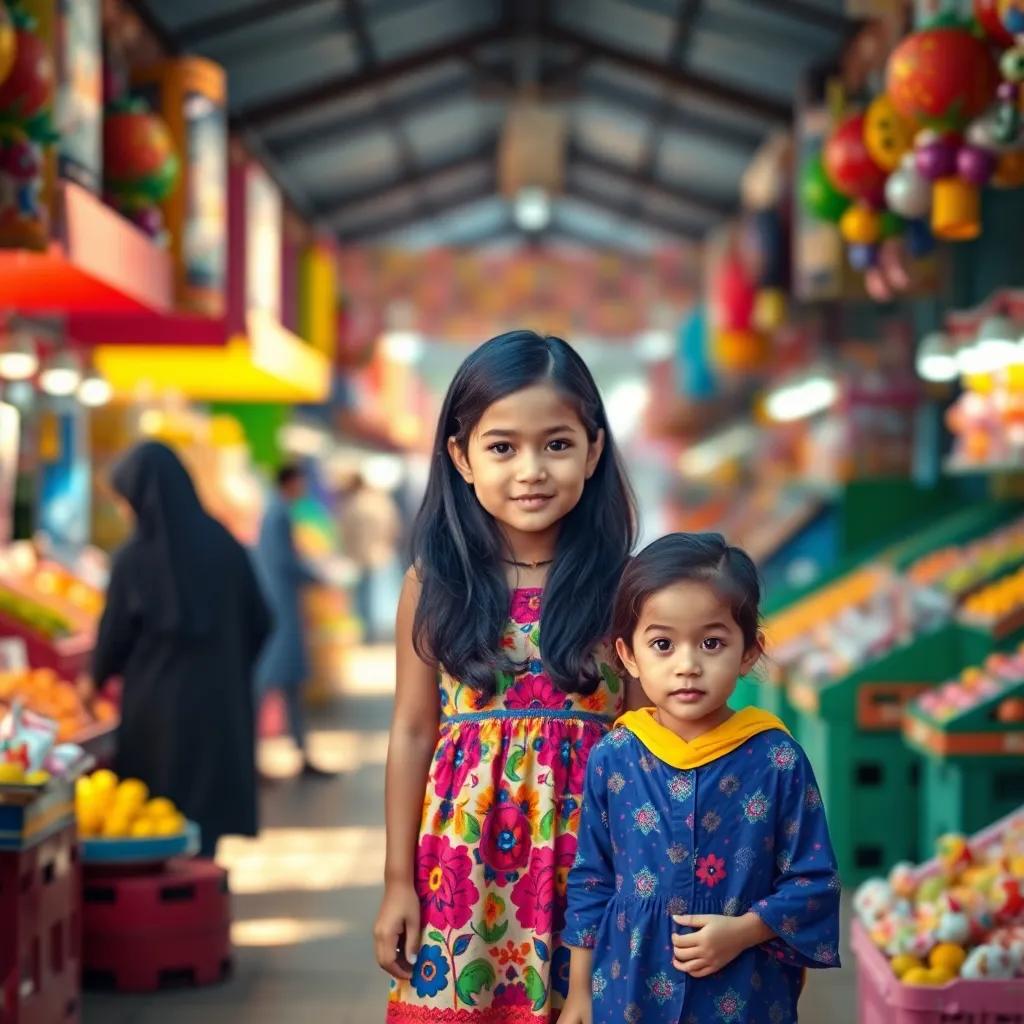 A young girl, Sara, with long black hair wearing a colorful dress, guiding her younger brother Abdul Rahman and little sister Aya in a busy market, colorful stalls with fruits and toys, bright sunshine, cheerful atmosphere, digital art, vibrant colors, high quality