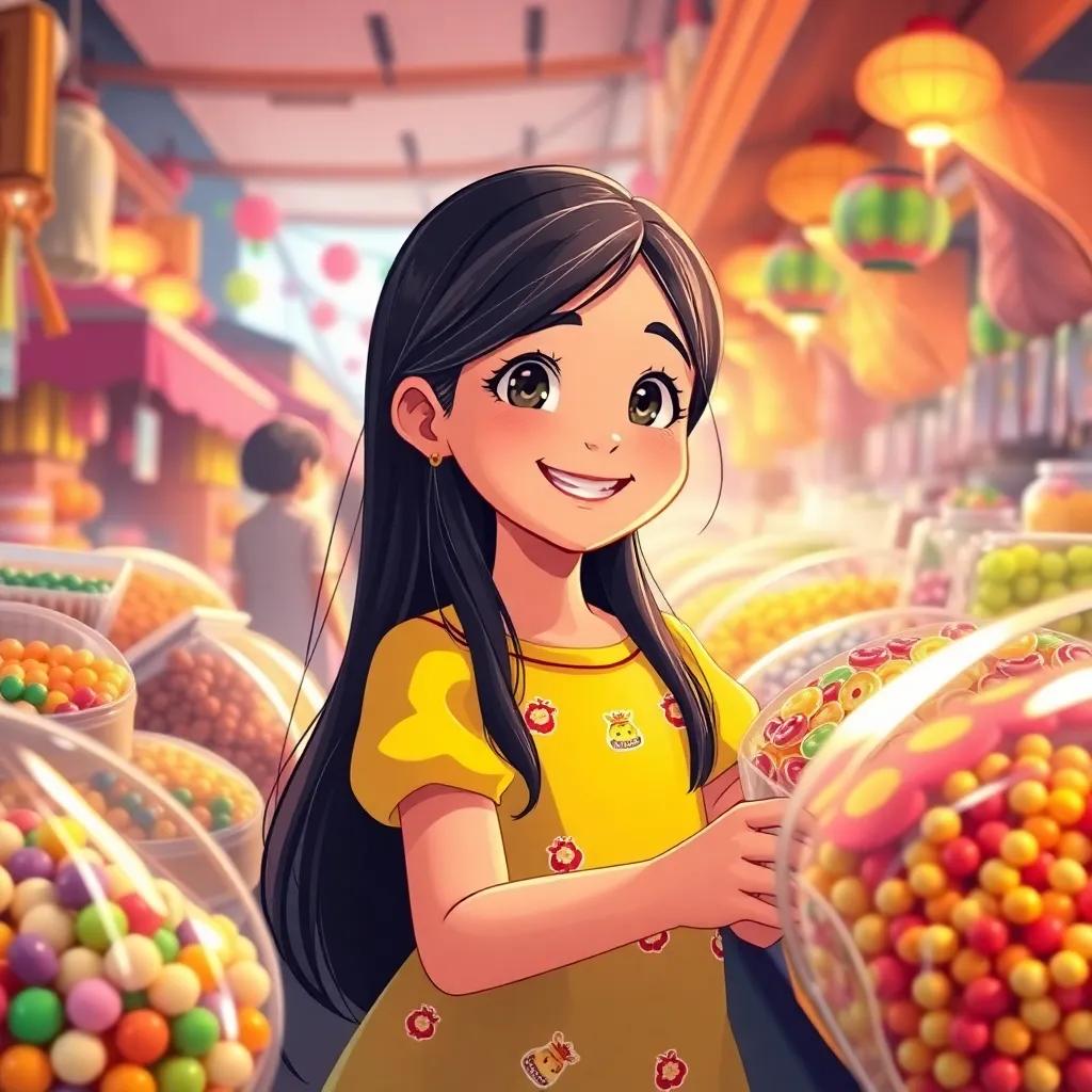 Sara, a young girl with long black hair in a bright dress, smiling as she buys sweets for her siblings in a bustling market, colorful candies, vibrant market scene, warm light, joyful spirit, digital illustration, cheerful mood, high quality