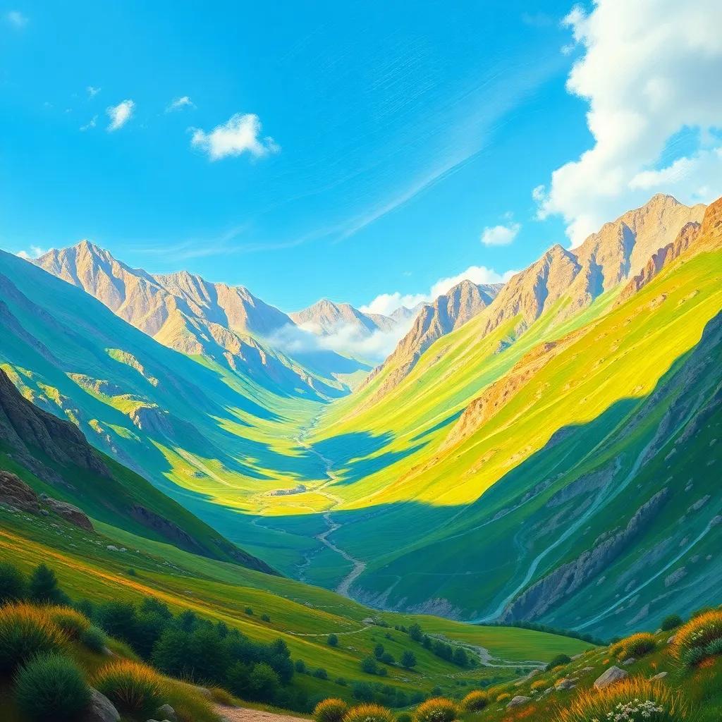 A picturesque mountainous landscape in Al-Hamra, with green valleys and clear skies, portraying the beauty of nature, digital art, vibrant colors, serene atmosphere, high quality