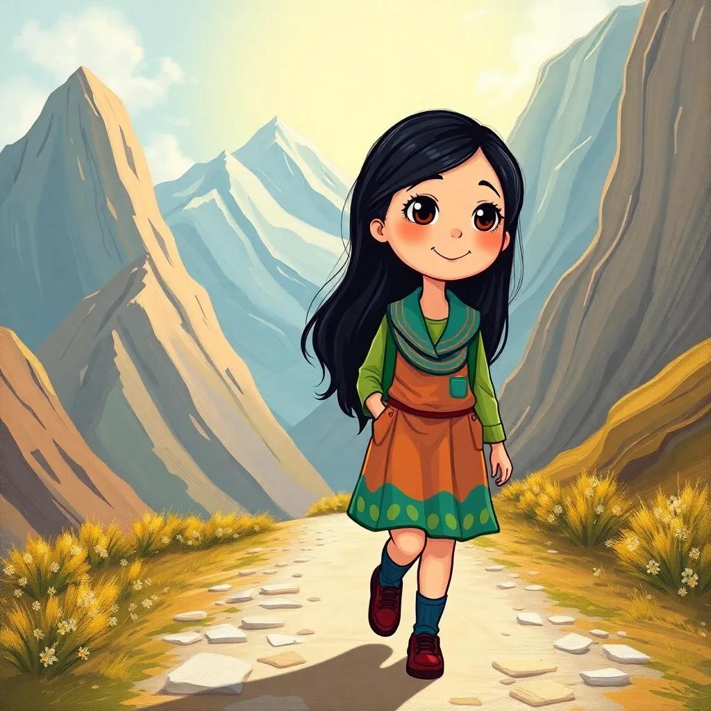 A determined Arab girl, Sara, with long black hair and a colorful school uniform, walking confidently towards her school through the mountains, sunlight shining down, cheerful and hopeful, child-friendly illustration