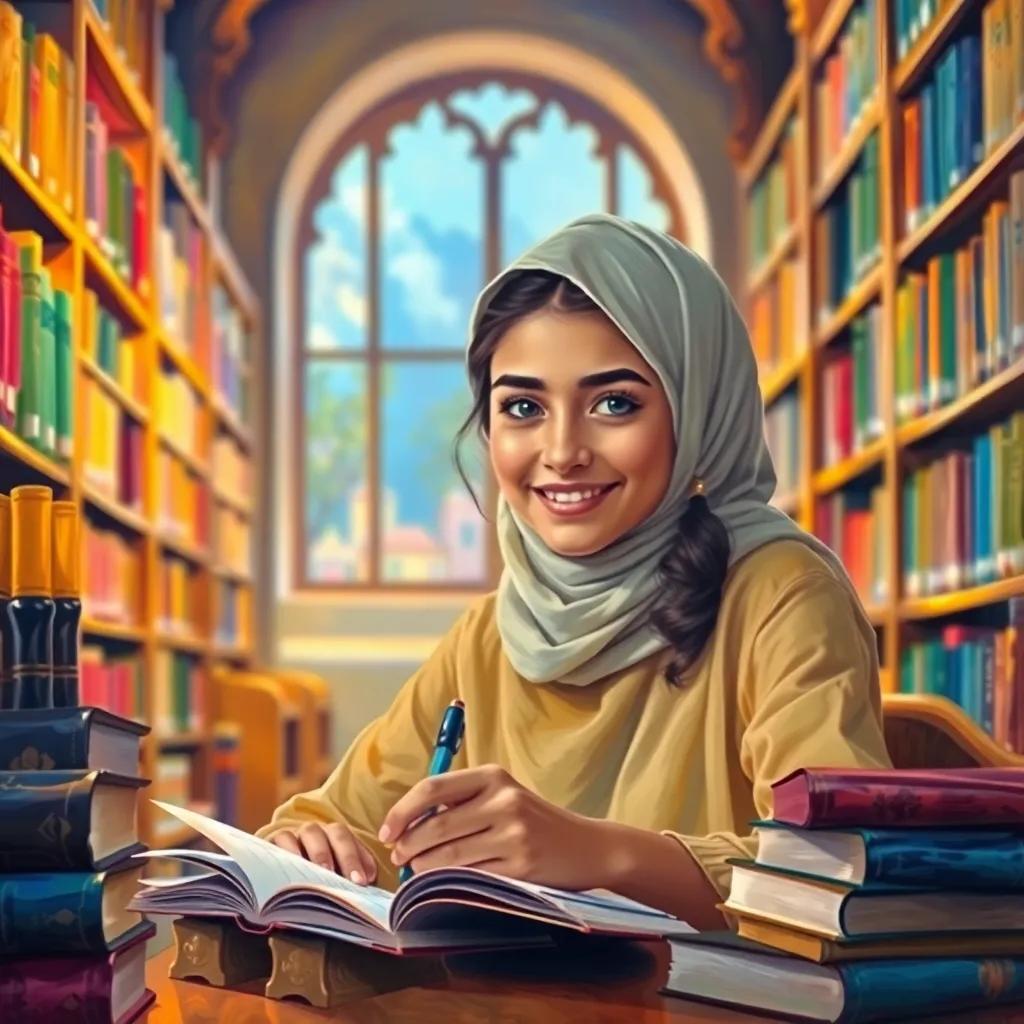 Sara, a young Arab girl with a bright smile, sitting in a library surrounded by books, deep in thought while taking notes, warm light illuminating her focused expression, inspiring ambiance