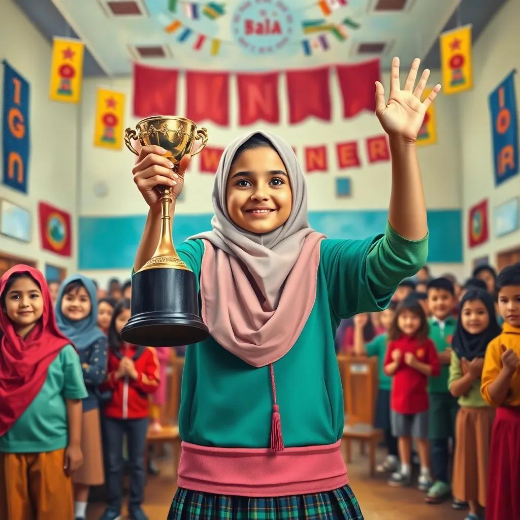 A victorious Sara, a young Arab girl with a joyful expression in a colorful school uniform, holding a trophy while standing in front of her classmates, a decorated hall with banners celebrating the winners, uplifting and joyful scene