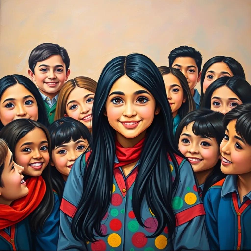 Sara, an inspiring Arab girl with long black hair in a colorful school uniform, surrounded by her classmates who look up to her, with smiles and admiration in their eyes, representing leadership and inspiration, cheerful and friendly