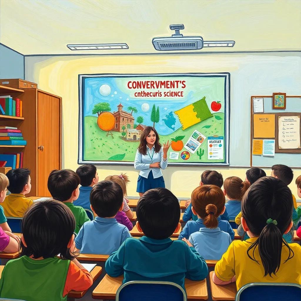 Sara's classroom filled with students engaged in learning, with her teaching about environmental conservation and the importance of science in a colorful poster behind her, engaging atmosphere, modern classroom illustration