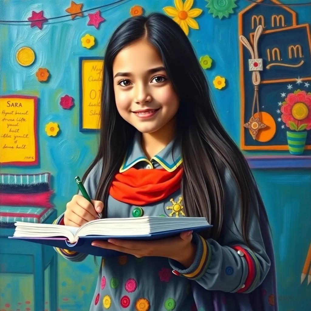 A proud Sara, a young Arab girl with long black hair in a colorful school uniform, writing in her notebook with determination, a colorful environment showcasing her growth and aspirations, motivational art style, bright and encouraging