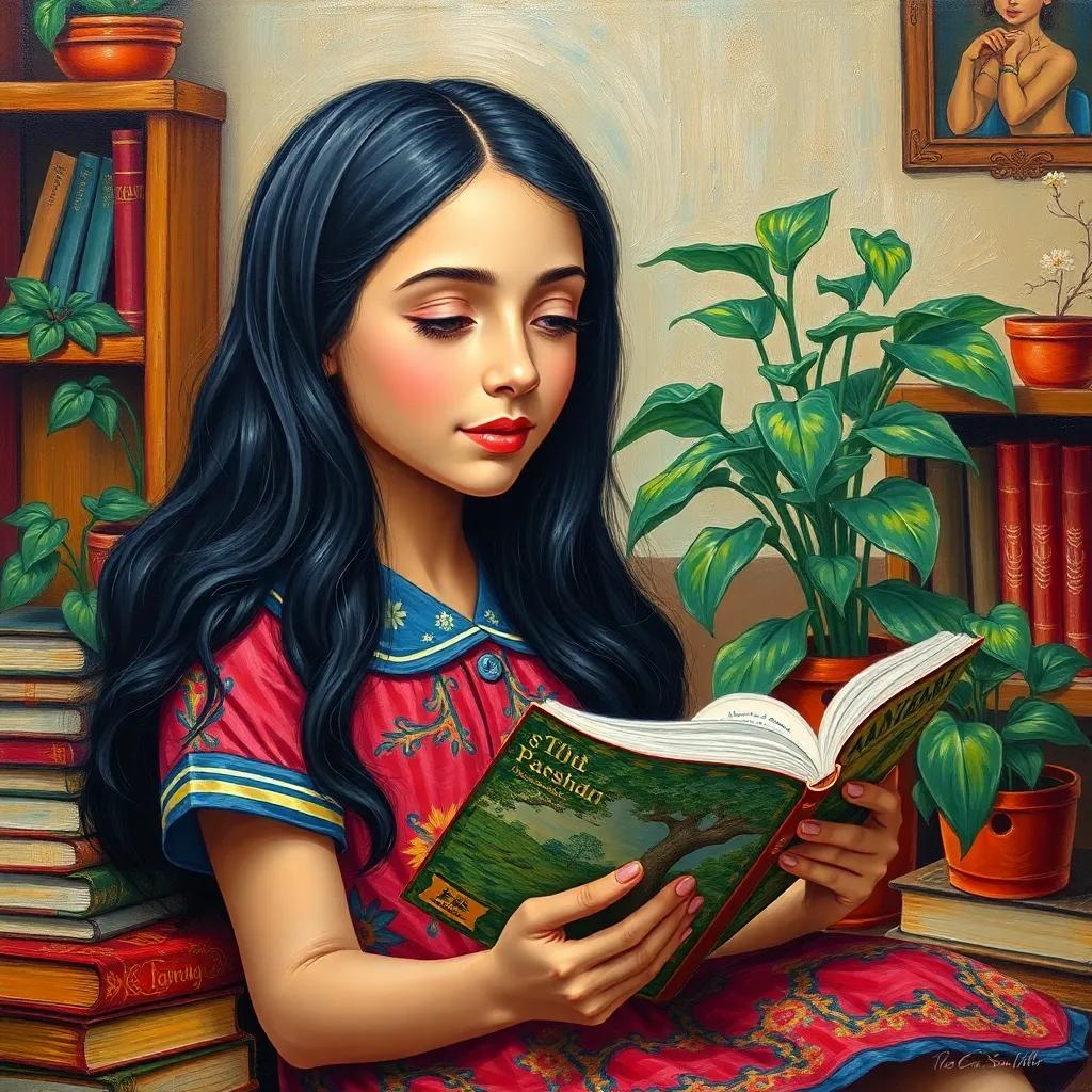 Sara, an Arab girl with long black hair in a colorful school uniform, passionately reading a book about nature, surrounded by plants and books indicating her love for learning, warm and inviting atmosphere